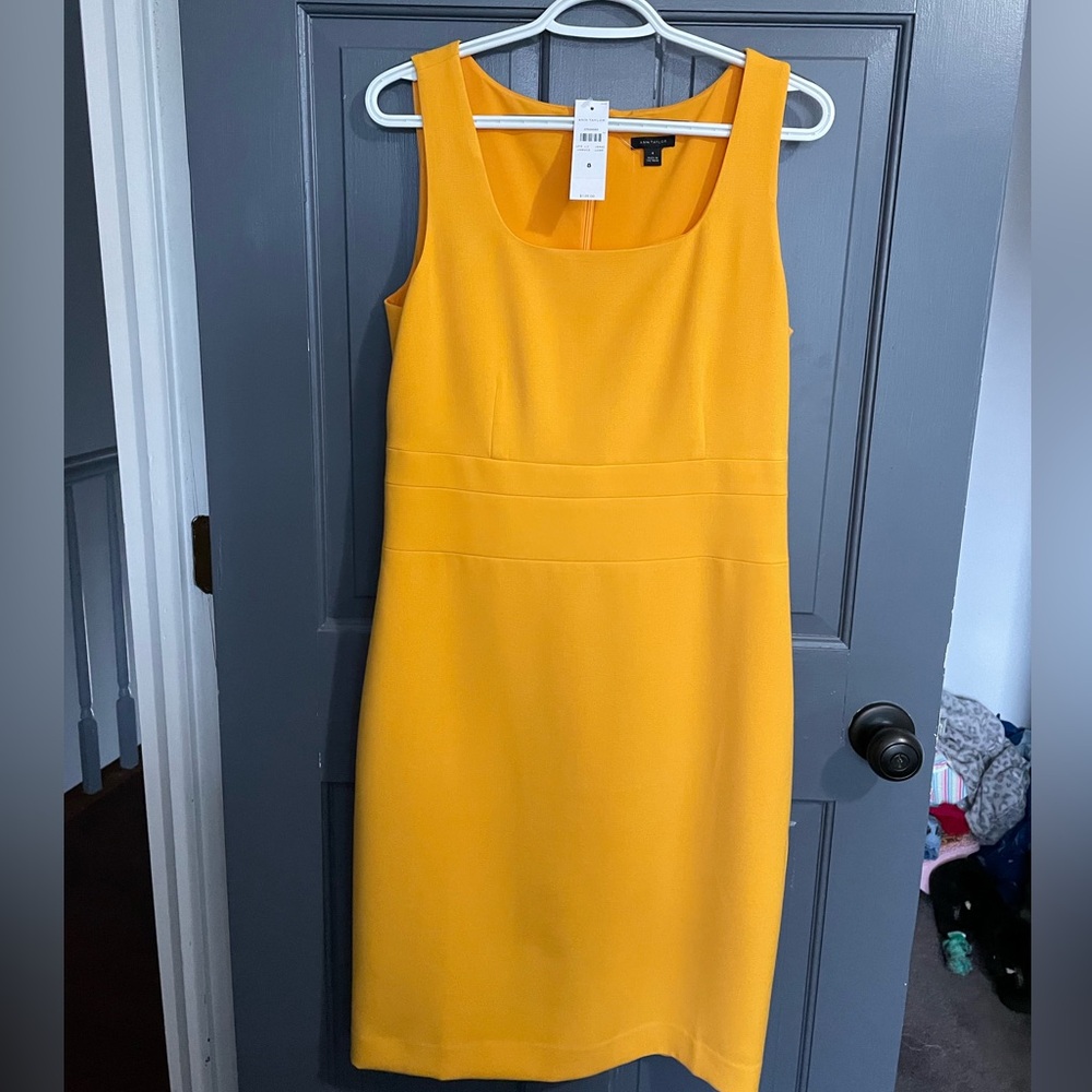 Ann Taylor Doubleweave Square Neck Shealth Dress-Citrus Yellow-Size 8